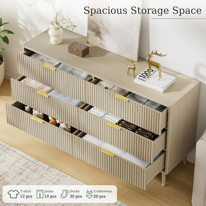 LYNSOM Fluted Dresser and Nightstand Sets 3 Piece, 6-Drawers Dresser and 1-Drawer Nightstands Set of 2, Wood Bedroom Furniture Set for Home, Bedroom, Hallway, Beige
