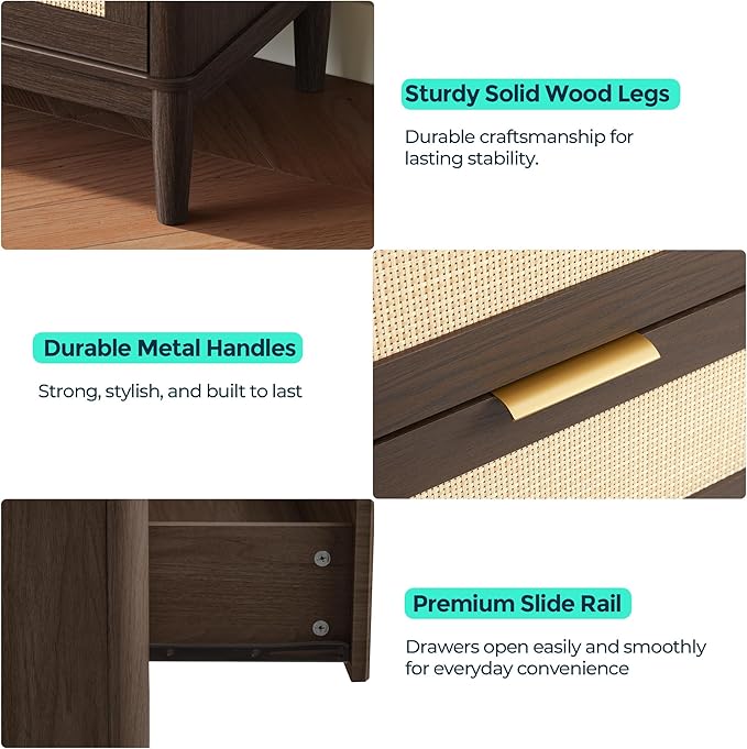 LINSY Rattan 5 Drawer Dresser for Bedroom, 46" Tall Mid-Century Modern Chest of Drawers, Deep Storage Dresser with Curved Corner Design, Large Accent Wood Cabinet for Bedroom, Walnut