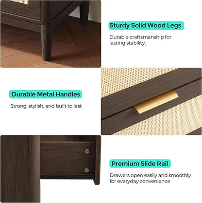 LINSY Rattan 5 Drawer Dresser for Bedroom, 46" Tall Mid-Century Modern Chest of Drawers, Deep Storage Dresser with Curved Corner Design, Large Accent Wood Cabinet for Bedroom, Walnut