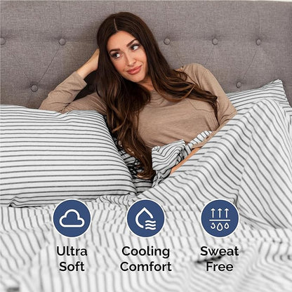 Full 6 Piece Sheet Set - Cooling, Comfy & Breathable - Hotel Luxury Bedding, Includes Fitted Sheet for Women, Men, Kids & Teens - 1 Flat, 1 Fitted Sheet, 4 Pillowcases w/Deep Pockets - Grey Stripes