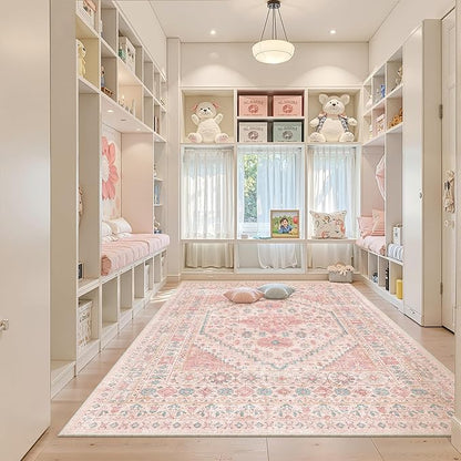 zesthome 7x9 Washable Rugs for Baby Girl, Super Soft Pink Rugs for Nursery Room, Non-Slip Stain Resistant Bedroom Rug, Ultra-Thin Large Area Rug (Pink/Blue,7'x9')