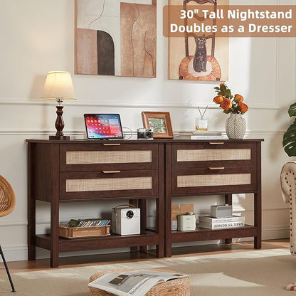 LEYAOYAO 31.5" Wide Rattan Night Stand with Charger Station, Oversized Large Walnut Nightstand with 2 Drawer, Boho Bed Side End Tables with Storage, Tall Bedside Table for Bedroom Living Room, Hallway