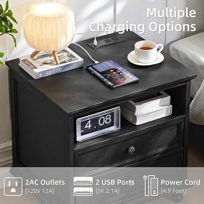24" Wide Farmhouse Nightstand with Charging Station, End Table with 2 Drawers, Black Wood Dresser for Bedroom Cabinet, Bed Side Table Chest of Drawers, Night Stand for Living Room, Closet