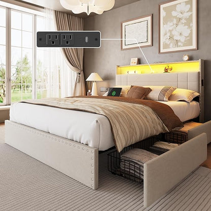 Forestell Queen Bed Frame with Headboard, Upholstered Platform Bed with 4 Storage Drawers, Built-in LED Lights & Charging Station, Metal Slats Support, No Box Spring Needed, Beige, Cama Queen Size