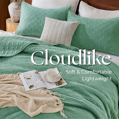King Quilt Set with Shams Lightweight Quilted Bedspread Coverlet Thin Comforter Bed Cover Vintage Washed Quilted Blanket for All Season, Brushed Microfiber Diamond Stitching, Green, 104"x92"