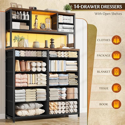 EnHomee 62.8" H Dresser for Bedroom with 14 Drawers,Fabric Dresser with Charging Station and LED Lights,Dressers & Chests of Drawers for Bedroom, Steel Frame & Wooden Top,Rustic Brown