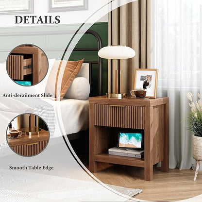 Nightstand Set of 2, End Table with 2 Drawers, Modern Bed Side Table with Storage, Farmhouse Fluted Cabinet Bedside Cabinet for Bedroom Living Room Sofa Couch Office (Walnut-2)