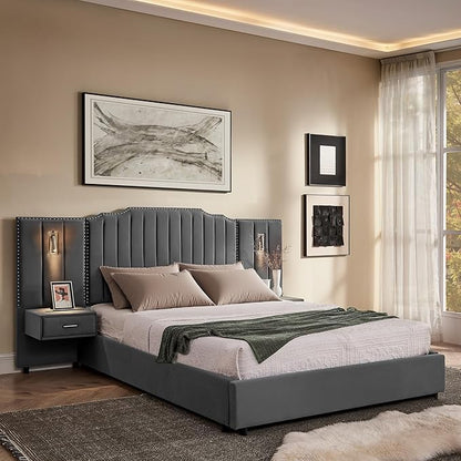 Luxury Queen Bed Frame with Headboard and Storage, Velvet Fabric Upholstered Platform Bed Frame Queen Size with LED Lights, Solid Frame & Bedside Table, No Box Spring Needed, Gray