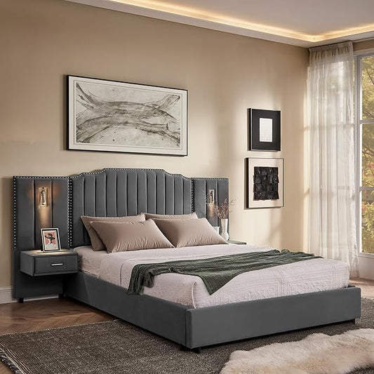 Luxury Queen Bed Frame with Headboard and Storage, Velvet Fabric Upholstered Platform Bed Frame Queen Size with LED Lights, Solid Frame & Bedside Table, No Box Spring Needed, Gray