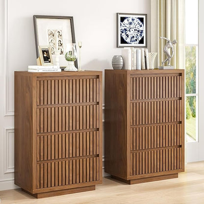 Fluted 4 Drawer Dresser, Mid Century Small Dresser for Bedroom, Wood Chest of Drawers, Modern Closet Clothes Organizer, Walnut Wooden Storage for Living Room, Brown