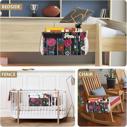 Bedside Caddy Hanging Bunk Bed Caddy Bed Organizer Hanging Pocket with 2 Hooks Bedside Storage Organizer Pocket Bag Holder Mexican Flowers Stripe