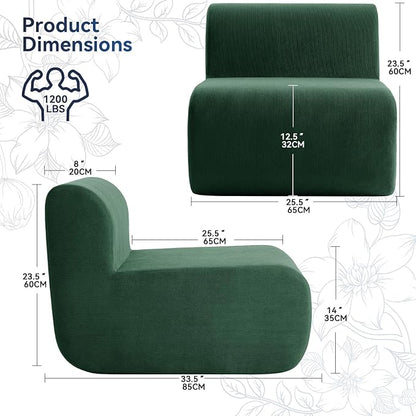 26" Single Sofa, 1 Seater Armless Corduroy Couch, No Assembly Modern Boneless Couch Compression Sofa in Box, Floor Sofa with Ergonomic Design for Living Room, Dark Green