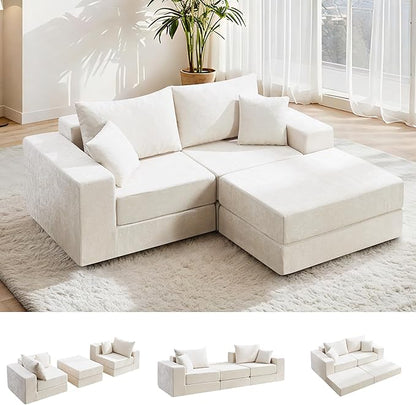 Boneless Sectional Loveseat Couch with Ottoman, Convertible Modular Floor Sleeper Sofa Bed, Comfy Foldable Compression Love Seat Sofa for Living Room, No Assembly, Beige