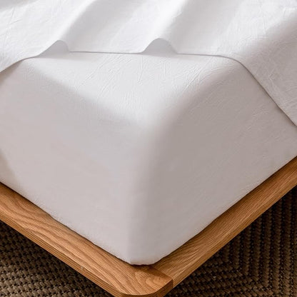 MooMee Fitted Bottom Sheet Only 100% Washed Cotton Linen Like Textured Breathable Durable Soft Comfy Deep Pocket Fits Mattress up to 17" (Bright White, Twin)
