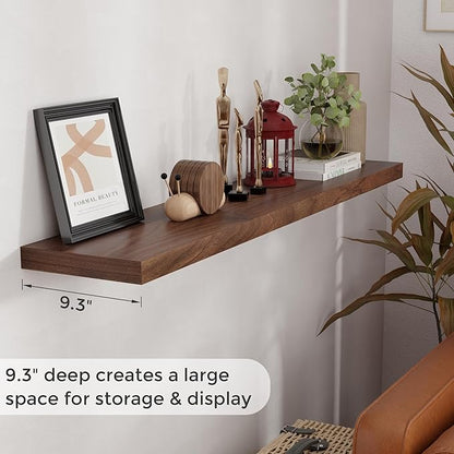 Fun Memories 55 Inch Floating Shelves for Wall, 55x9.3 Large Floating Shelf for Bedroom, Kitchen, Bathroom, Wall Mounted Rustic Wood Shelves with Invisible Bracket for Books, Decor, Walnut
