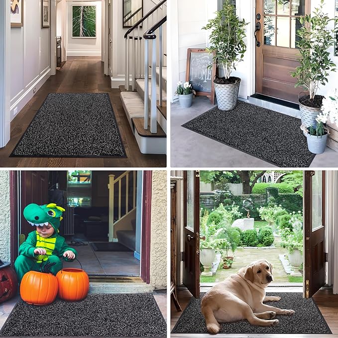 Mibao Front Door Mat, Dirt Trapper Welcome Mat for Outdoor Indoor, Non-Slip Waterproof Doormat, Durable Machine Washable Low Profile Entry Rug for Back Door Outside Patio Porch, 48" x 36", Black