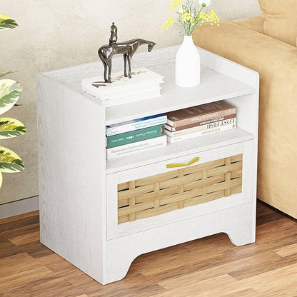 24" Rattan Nightstand with Storage Drawer, White Bedside Table with Semi Open Cubby, Boho Night Stand with Farmhouse Arched Base for Bedroom, Side Table, End Table for Dorm