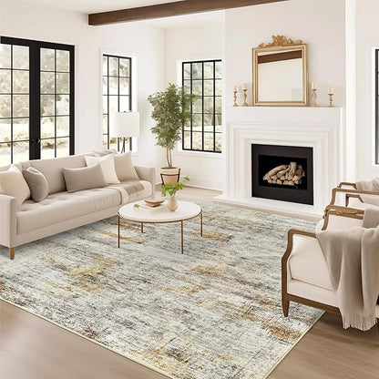 10x14 Area Rugs for Living Room, Non Slip Machine Washable Vintage Rugs, Low Pile Lightweight Large Rug for Bedroom, Dining Room, Home Office Gray Rust