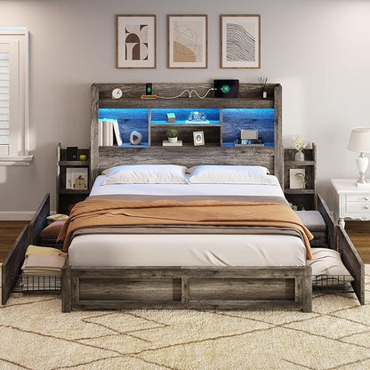 AMERLIFE Queen Bed Frame with 4 Storage Drawers, LED Bed Frame with 49“ Tall Bookcase Headboard, Wood Platform Bed with Charging Station & 2 Slide Bedside Shelf, No Box Spring Needed/Rustic Grey