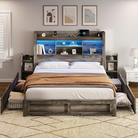AMERLIFE Queen Bed Frame with 4 Storage Drawers, LED Bed Frame with 49“ Tall Bookcase Headboard, Wood Platform Bed with Charging Station & 2 Slide Bedside Shelf, No Box Spring Needed/Rustic Grey