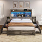 AMERLIFE Queen Bed Frame with 4 Storage Drawers, LED Bed Frame with 49“ Tall Bookcase Headboard, Wood Platform Bed with Charging Station & 2 Slide Bedside Shelf, No Box Spring Needed/Rustic Grey