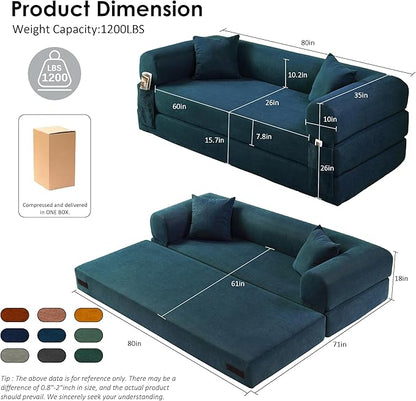 80" Convertible Sofa Bed, Corduroy Deep Seat Folding Pull Out Couch with Pillows, No Assembly Modern Boneless Couch Compression Sofa in Box, Floor Sofa with Storage Pocket for Living Room,Dark Blue