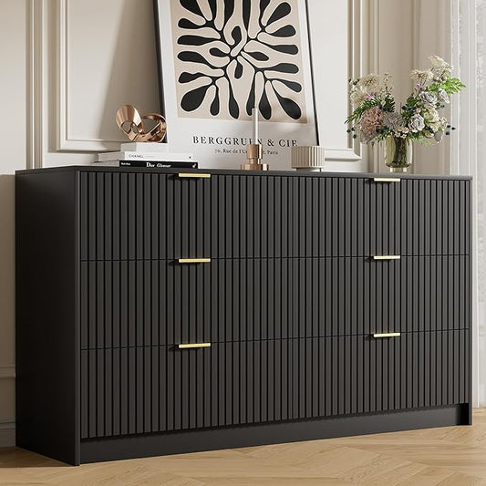 Black Dresser for Bedroom, Modern Dresser with 6 Drawers and Smooth Slides, Wide Chest of Drawers with Golden Handles for Bedroom, Living Room, Closet, 15.7" D x 55.1" W x 31.4" H