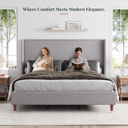 Jocisland Queen Upholstered Platform Bed Frame with 51.2" Tall Wingback Headboard–Solid Wood Legs, No Box Spring Needed, Light Grey Linen–Modern Style for Any Bedroom