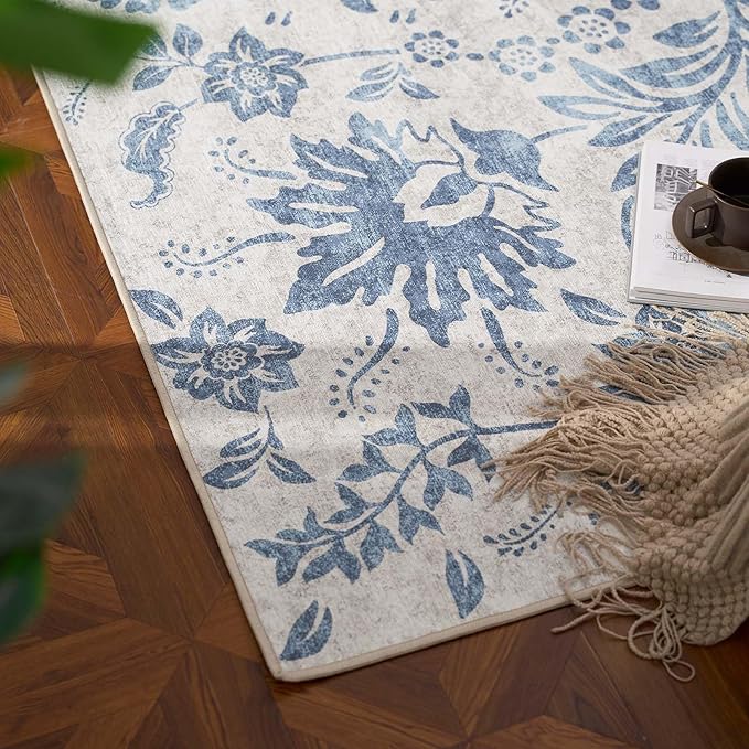 jinchan Torino Runner Rugs 2x6, Vintage-Inspired Floral Design Machine Washable Non-Slip Ultra-Thin Low-Pile Rubber Backing Runner Rug for Kitchen Hallway Laundry Room Entryway Dark Blue