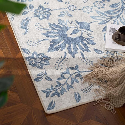 jinchan Torino Runner Rugs 3x8, Vintage-Inspired Floral Design Machine Washable Non-Slip Ultra-Thin Low-Pile Rubber Backing Traditional Rug for Kitchen Hallway Laundry Room Entryway Dark Blue