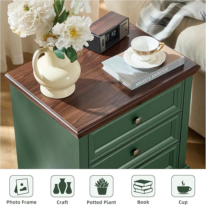 Farmhouse Nightstand with 3 Drawers, Rustic Couch End Table with 4 Square Solid Wood Legs, Mid-Century Vintage Bed Side Table with Storage, Small Dresser for Bedroom, Living Room, Green