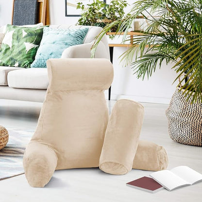 Nestl Reading Pillow with Shredded Memory Foam Includes 2 Neck and Lumber Support Pillows, Designed for Sitting Up in Bed and Couch, Back and Arms Adjustable Support for Adult & Teens, Beige Cream