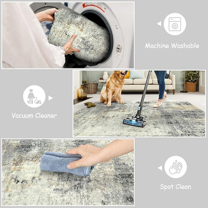 Lahome Modern Abstract Round Rug - 5Ft Grey Living Room Rugs Washable 5x5 Circle Rugs Indoor Dining Table Mat, Soft Non Slip Low Pile Office Carpet for Bedroom Playroom Kitchen Coffee Table