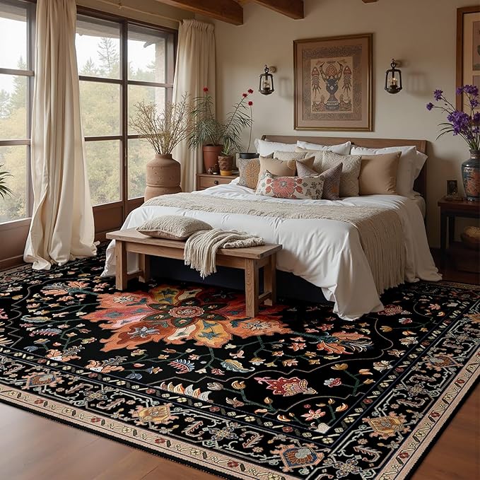 Area Rugs 6'x8' Washable Non-Slip, Floral Vintage Distress Print Pattern Medallion Carpet for Living Room Bedroom Dining Room, Black Colorful Floral Dark Tan