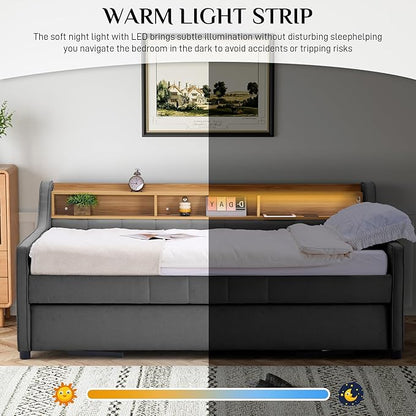 Twin Size Daybed with Pop Up Trundle Bed, Linen Upholstered Day Bed Frame with w/LED/USB/Type C/Storage Headboard, Twin to King Daybed for Living Room Bedroom, No Box Spring Needed, Dark Grey