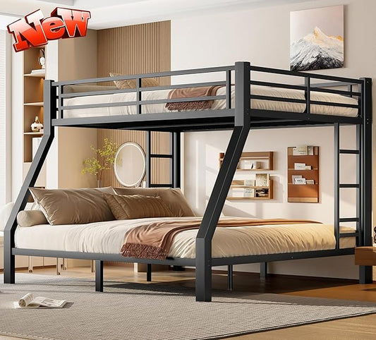 Upgraded Version Thickened Metal Heavy-Duty Queen Over King Bunk Bed, Best Modern Style Stronger King Size Bunk Bed Frame with Ladder for Adults, Easy Assembly (Queen Over King)