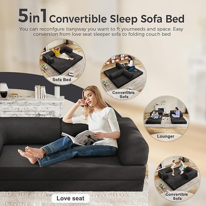 5-in-1 Folding Convertible Sofa Bed with L-Shaped Cylindrical Pillow, Corduroy Boneless Couch, Pull Out Bed, Floor Sofa Modular Futon Couch for Living Room Bedroom Lounge - No Assembly Needed in
