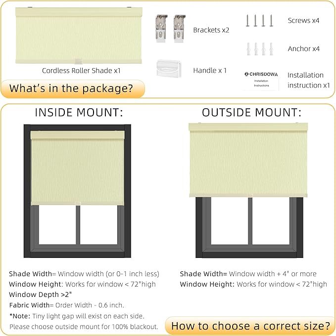 ChrisDowa Cordless Blackout Roller Shades for Windows, Striped Free-Stop Window Blinds with Privacy, Thermal Insulated Window Shades for Home, Office and Door. Beige, 50" W x 72" H