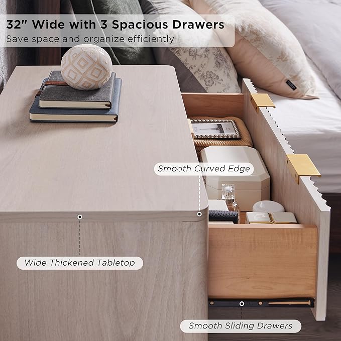 T4TREAM Fluted 3 Drawer Dresser, 32" Tall Modern Chest of Drawers, Curved Profile Design, Wood Drawer Organizer for Bedroom, Living Room, Hallway, Entryway, White Alder
