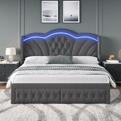 Keyluv Full Bed Frame with LED Lights and 2 Storage Drawers, Velvet Upholstered Platform with 47" Tall Arc-Shaped Wingback Headboard and Button Tufted Design, No Box Spring Needed, Noise-Free, Gray