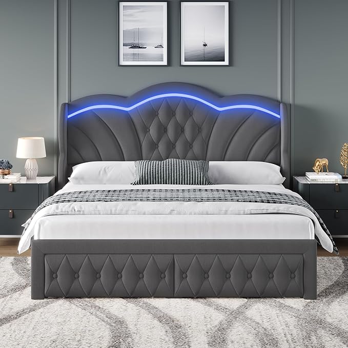 Keyluv King Bed Frame with LED Lights and 2 Storage Drawers, Velvet Upholstered Platform with 47" Tall Arc-Shaped Wingback Headboard and Button Tufted Design, No Box Spring Needed, Noise-Free, Gray