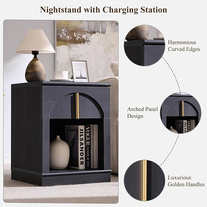 ACCOHOHO Modern Night Stand with Arched Panel,18" Wooden nightstand with Charging Station,Bedside Table with Drawer Storage,Side End Table with Open Shelf for Bedroom,Living Room,Black