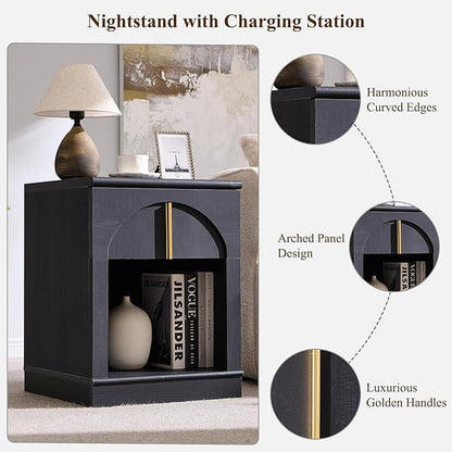 ACCOHOHO Modern Night Stand with Arched Panel,18" Wooden nightstand with Charging Station,Bedside Table with Drawer Storage,Side End Table with Open Shelf for Bedroom,Living Room,Black