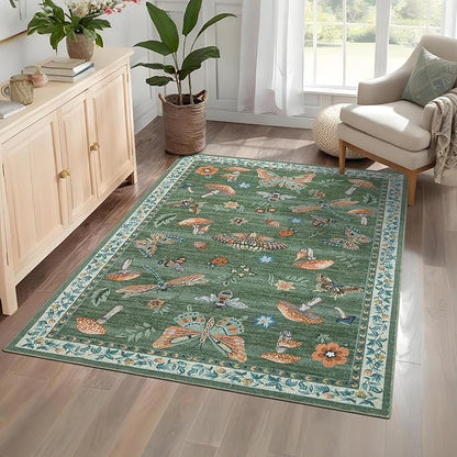 Mushroom Insect Area Rug 4x6 Green