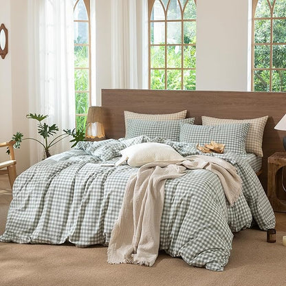 MooMee Gingham Duvet Cover Set 100% Washed Cotton Linen Like Textured Breathable Durable Soft Comfy Modern Checkered Design (Sage Green Gingham, Oversized Queen 98"x98")
