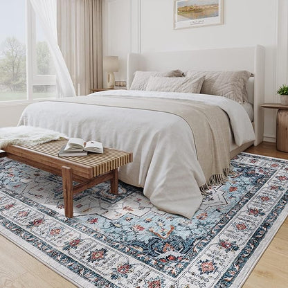 zesthome Area Rugs 9x12, Washable Rug Non-Slip Low Pile Rugs for Living Room, Bedroom, Home Decor Vintage Large Area Rug (Blue,9'x12')