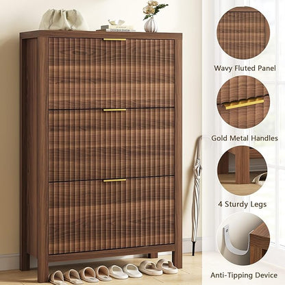 Shoe Cabinet Storage for Entryway, Fluted Shoe Cabinet with 3 Flip Drawers, Hidden Shoe Rack Tall Freestanding Shoe Organizer with Legs for Hallway, Walnut