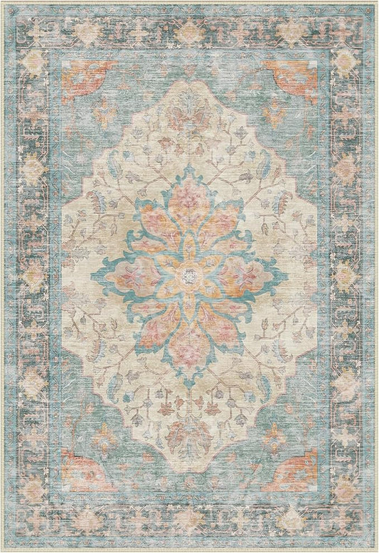 Area Rugs Round 6ft Washable Non-Slip, Floral Vintage Distress Print Pattern Medallion Carpet for Living Room Bedroom Dining Room, Blue Orange Red