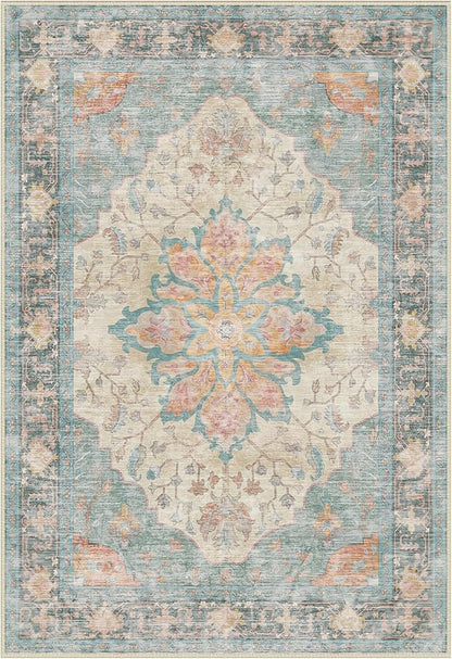 Area Rugs 2'x6' Washable Non-Slip, Floral Vintage Distress Print Pattern Medallion Carpet for Living Room Bedroom Dining Room, Blue Orange Red
