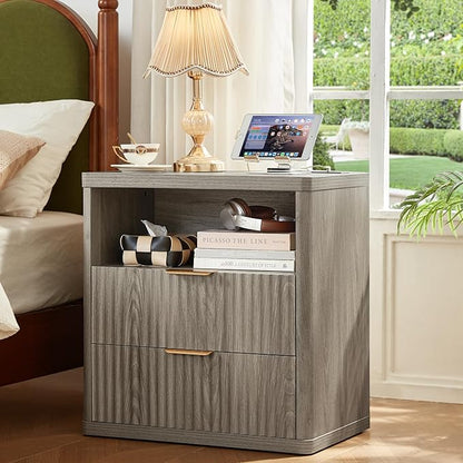 LEYAOYAO 48" Wide Fluted Dresser and 2 Drawers 23" Nightstand Set of 2, Wooden Dresser & Night Stand with Charging Station, 3 Piece Bedroom Furniture Set, Chest of Drawer for Living Room,Grey